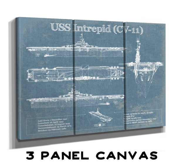 36" x 24" / 3 Panel Canvas Wrap Cutler West USS Intrepid (CV-11) Aircraft Carrier Blueprint Original Military Wall Art - Customizable