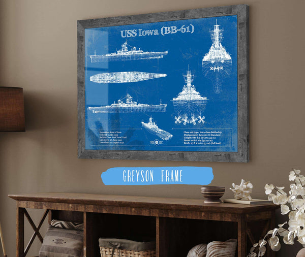 14" x 11" / Greyson Frame Cutler West USS Iowa (BB-61) Battleship Blueprint Original Military Wall Art - Customizable
