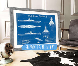 14" x 11" / Greyson Frame & Mat Cutler West USS Iowa (BB-61) Battleship Blueprint Original Military Wall Art - Customizable