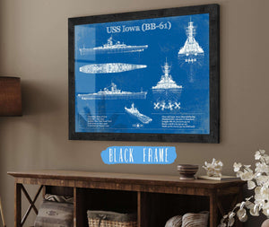 20" x 16" / Black Frame Cutler West USS Iowa (BB-61) Battleship Blueprint Original Military Wall Art - Customizable
