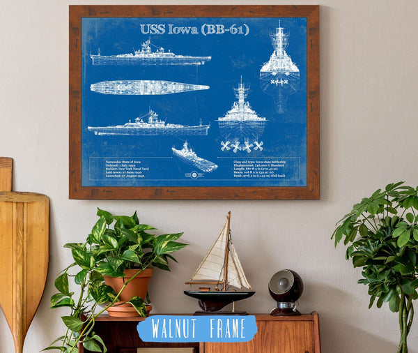 20" x 16" / Walnut Frame Cutler West USS Iowa (BB-61) Battleship Blueprint Original Military Wall Art - Customizable