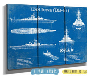 36" x 24" / 3 Panel Canvas Wrap Cutler West USS Iowa (BB-61) Battleship Blueprint Original Military Wall Art - Customizable