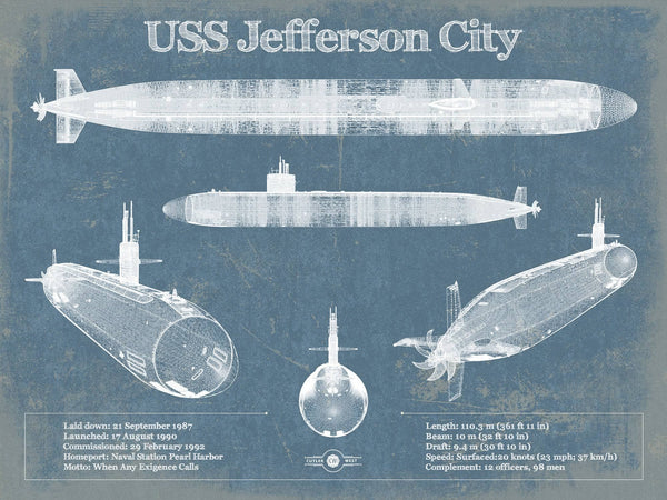 14" x 11" / Unframed Cutler West USS Jefferson City (SSN-759) submarine Blueprint Patent Original Art