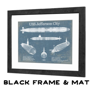 20" x 16" / Black Frame & Mat Cutler West USS Jefferson City (SSN-759) submarine Blueprint Patent Original Art