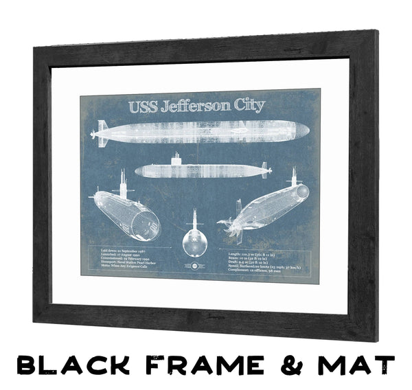 20" x 16" / Black Frame & Mat Cutler West USS Jefferson City (SSN-759) submarine Blueprint Patent Original Art