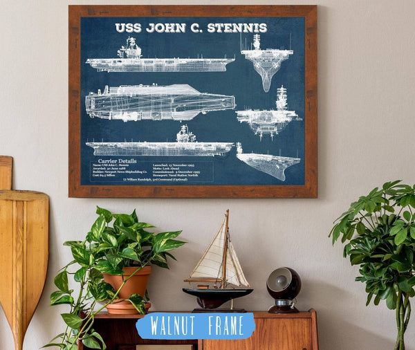 20" x 16" / Walnut Frame Cutler West USS John C Stennis (CVN-74) Aircraft Carrier Blueprint Original Military Wall Art - Customizable