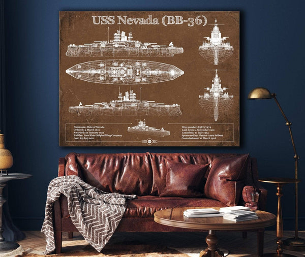 Cutler West USS Nevada (BB-36) Battleship Blueprint Original Military Wall Art - Customizable