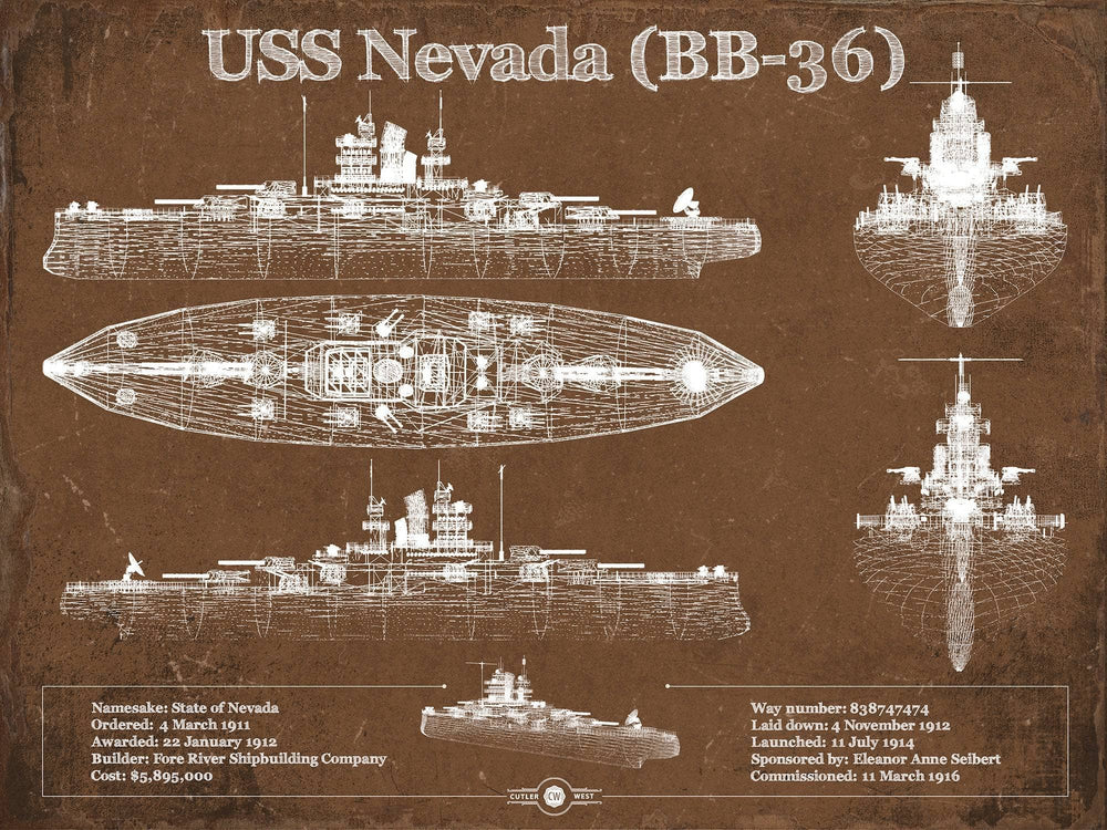 14" x 11" / Stretched Canvas Wrap Cutler West USS Nevada (BB-36) Battleship Blueprint Original Military Wall Art - Customizable