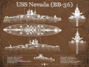 14" x 11" / Unframed Cutler West USS Nevada (BB-36) Battleship Blueprint Original Military Wall Art - Customizable