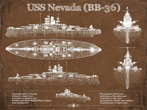 14" x 11" / Unframed Cutler West USS Nevada (BB-36) Battleship Blueprint Original Military Wall Art - Customizable