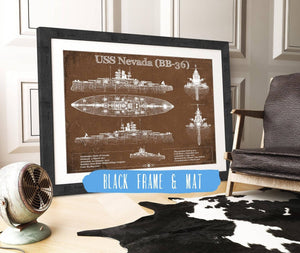 20" x 16" / Black Frame & Mat Cutler West USS Nevada (BB-36) Battleship Blueprint Original Military Wall Art - Customizable