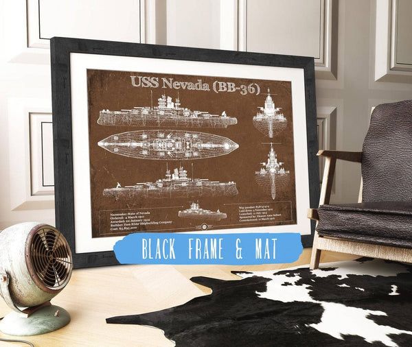 20" x 16" / Black Frame & Mat Cutler West USS Nevada (BB-36) Battleship Blueprint Original Military Wall Art - Customizable