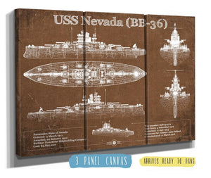 36" x 24" / 3 Panel Canvas Wrap Cutler West USS Nevada (BB-36) Battleship Blueprint Original Military Wall Art - Customizable