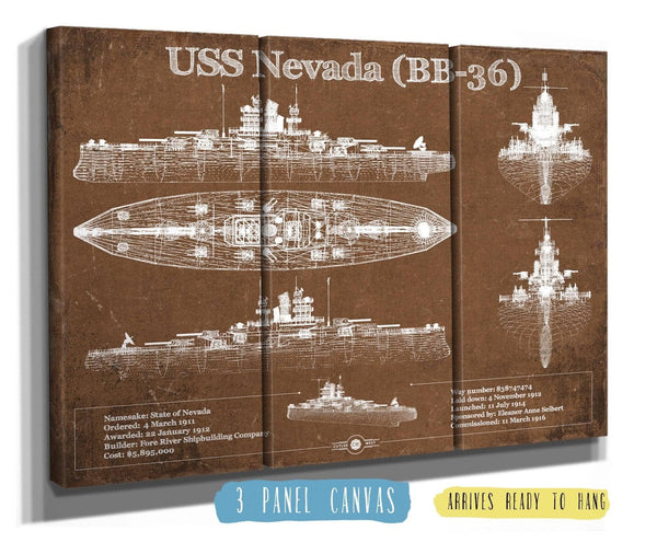 36" x 24" / 3 Panel Canvas Wrap Cutler West USS Nevada (BB-36) Battleship Blueprint Original Military Wall Art - Customizable