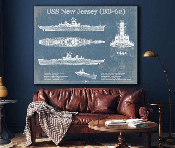 Cutler West USS New Jersey (BB-62) Battleship Blueprint Original Military Wall Art - Customizable