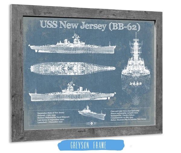 14" x 11" / Greyson Frame Cutler West USS New Jersey (BB-62) Battleship Blueprint Original Military Wall Art - Customizable