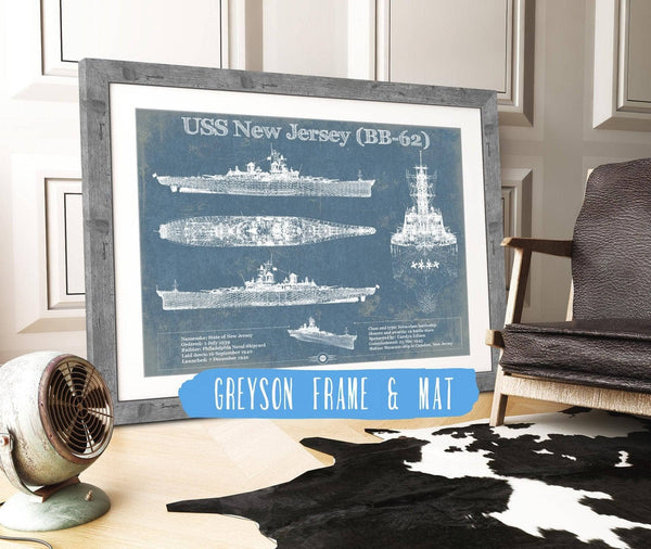 14" x 11" / Greyson Frame & Mat Cutler West USS New Jersey (BB-62) Battleship Blueprint Original Military Wall Art - Customizable