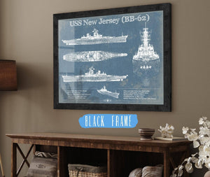 20" x 16" / Black Frame Cutler West USS New Jersey (BB-62) Battleship Blueprint Original Military Wall Art - Customizable