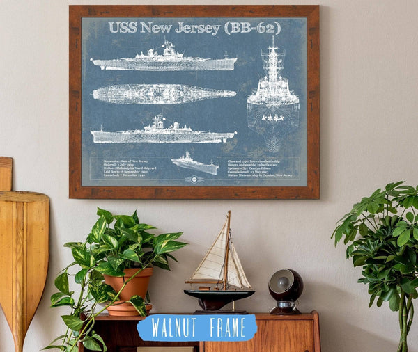 20" x 16" / Walnut Frame Cutler West USS New Jersey (BB-62) Battleship Blueprint Original Military Wall Art - Customizable