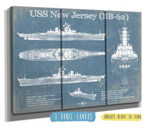 36" x 24" / 3 Panel Canvas Wrap Cutler West USS New Jersey (BB-62) Battleship Blueprint Original Military Wall Art - Customizable
