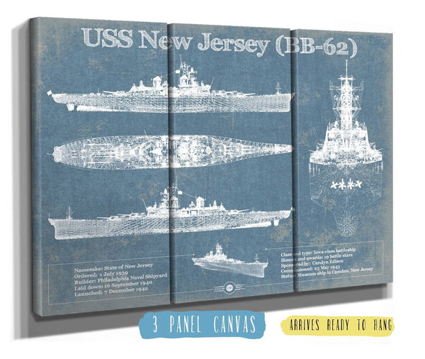 36" x 24" / 3 Panel Canvas Wrap Cutler West USS New Jersey (BB-62) Battleship Blueprint Original Military Wall Art - Customizable