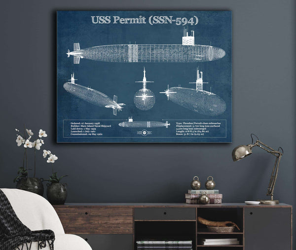Cutler West USS Permit (SSN-594) Blueprint Original Military Wall Art - Customizable