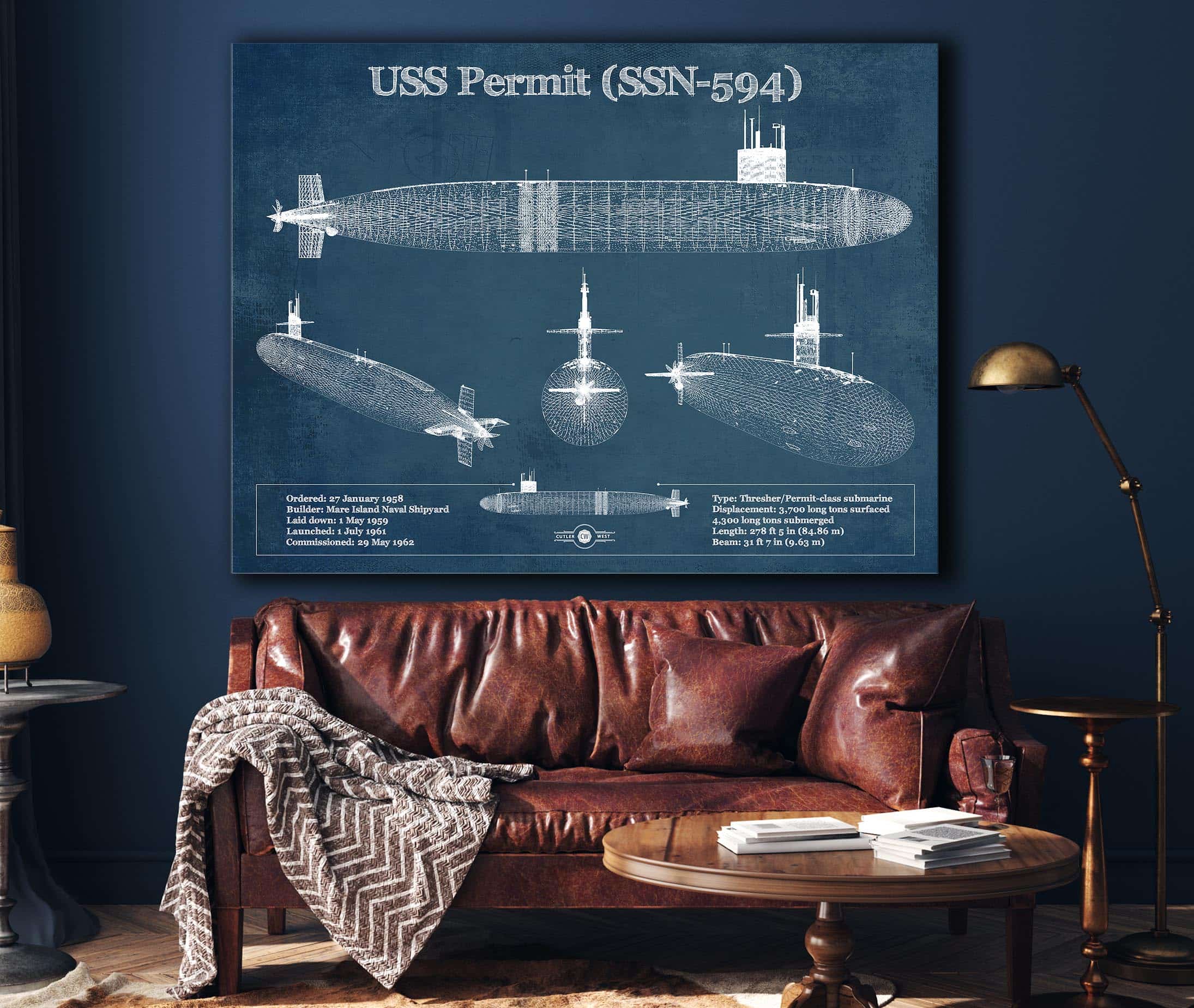 USS Permit (SSN-594) Blueprint Original Military Wall Art