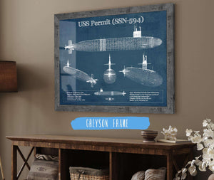 14" x 11" / Greyson Frame Cutler West USS Permit (SSN-594) Blueprint Original Military Wall Art - Customizable