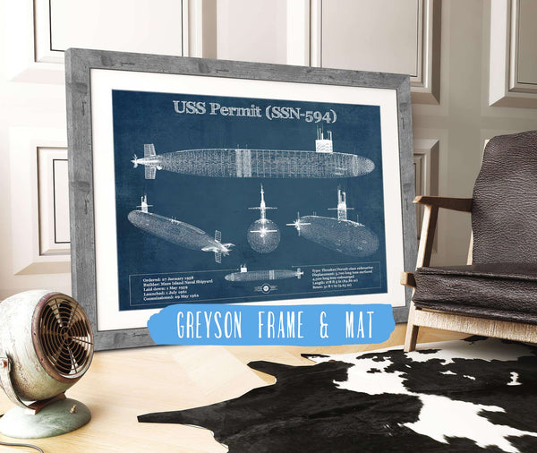 14" x 11" / Greyson Frame & Mat Cutler West USS Permit (SSN-594) Blueprint Original Military Wall Art - Customizable