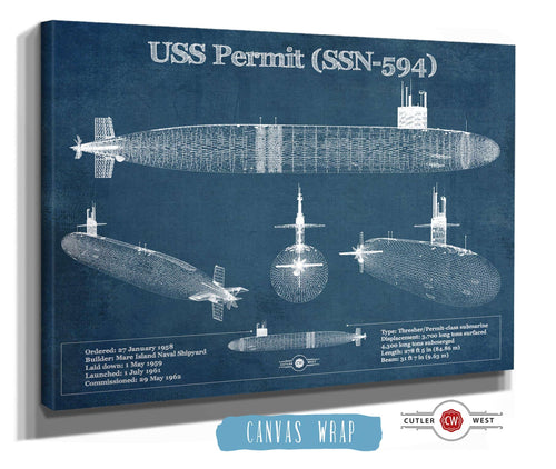 14" x 11" / Stretched Canvas Wrap Cutler West USS Permit (SSN-594) Blueprint Original Military Wall Art - Customizable