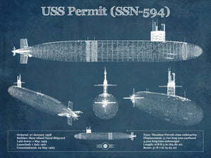 14" x 11" / Unframed Cutler West USS Permit (SSN-594) Blueprint Original Military Wall Art - Customizable