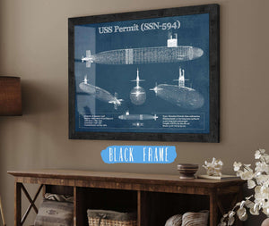 20" x 16" / Black Frame Cutler West USS Permit (SSN-594) Blueprint Original Military Wall Art - Customizable