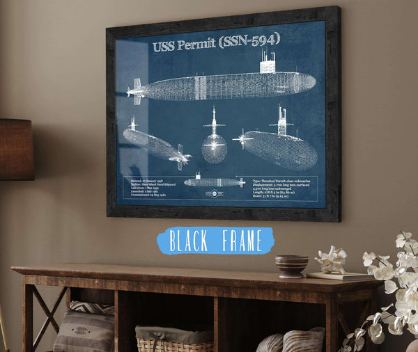 20" x 16" / Black Frame Cutler West USS Permit (SSN-594) Blueprint Original Military Wall Art - Customizable