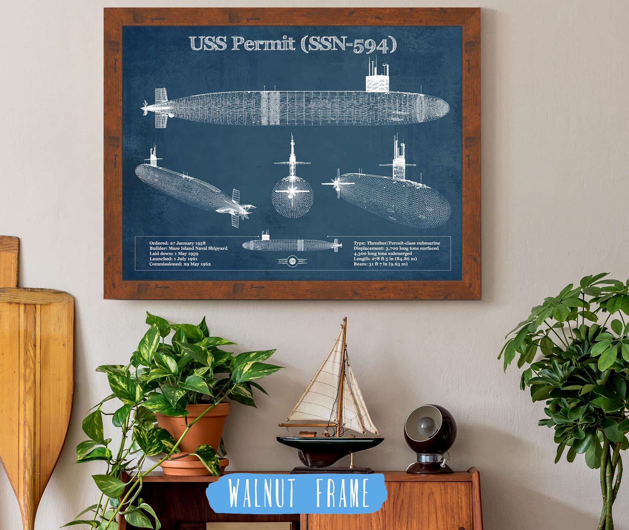 USS Permit (SSN-594) Blueprint Original Military Wall Art