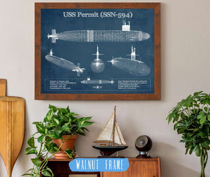 20" x 16" / Walnut Frame Cutler West USS Permit (SSN-594) Blueprint Original Military Wall Art - Customizable