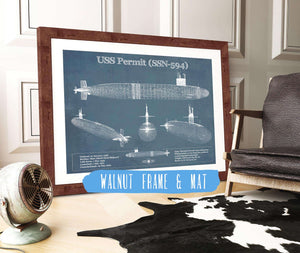 20" x 16" / Walnut Frame & Mat Cutler West USS Permit (SSN-594) Blueprint Original Military Wall Art - Customizable