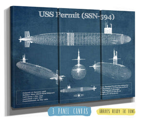 36" x 24" / 3 Panel Canvas Wrap Cutler West USS Permit (SSN-594) Blueprint Original Military Wall Art - Customizable