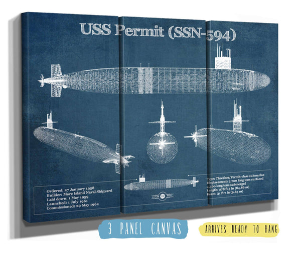 36" x 24" / 3 Panel Canvas Wrap Cutler West USS Permit (SSN-594) Blueprint Original Military Wall Art - Customizable