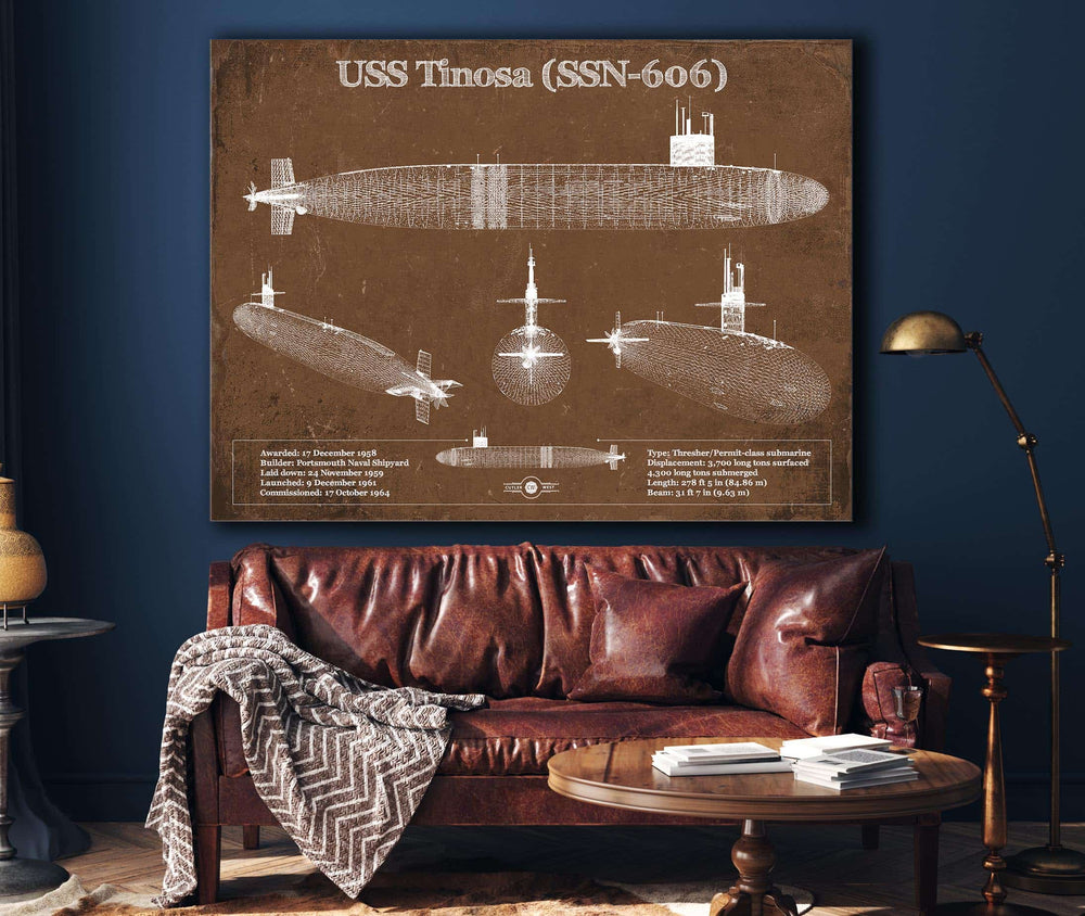 14" x 11" / Stretched Canvas Wrap Cutler West USS Permit (SSN-594) Blueprint Original Military Wall Art