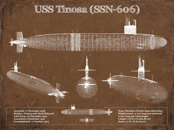 14" x 11" / Unframed Cutler West USS Permit (SSN-594) Blueprint Original Military Wall Art
