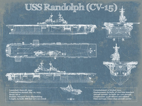 14" x 11" / Unframed Cutler West USS Randolph (CV-15) Aircraft Carrier Blueprint Original Military Wall Art - Customizable
