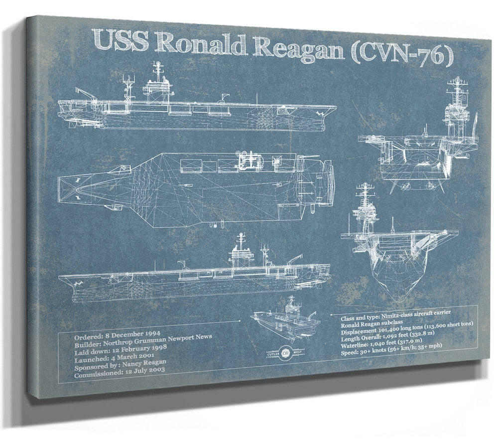 14" x 11" / Stretched Canvas Wrap Cutler West USS Ronald Reagan (CVN-76) Blueprint Original Military Wall Art - Customizable