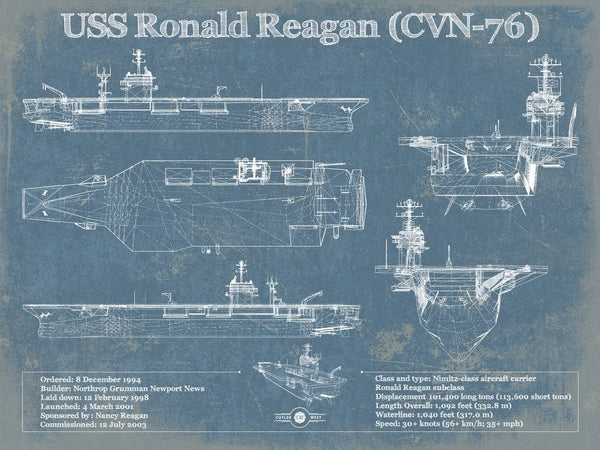 14" x 11" / Unframed Cutler West USS Ronald Reagan (CVN-76) Blueprint Original Military Wall Art - Customizable