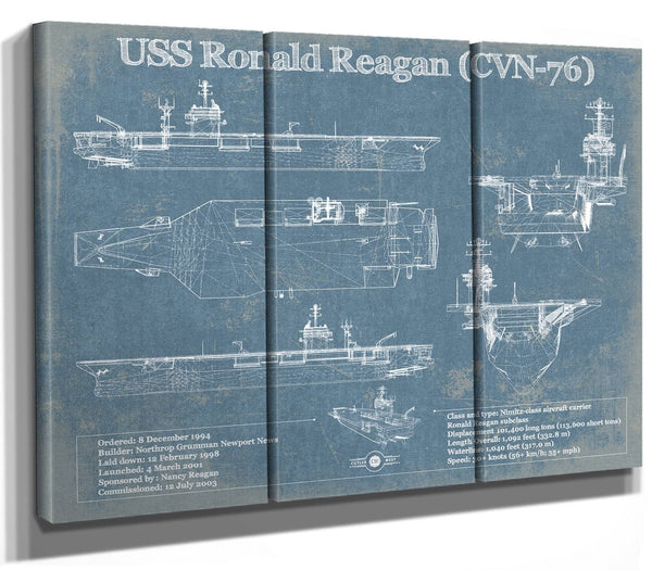 36" x 24" / 3 Panel Canvas Wrap Cutler West USS Ronald Reagan (CVN-76) Blueprint Original Military Wall Art - Customizable