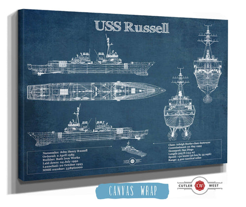 14" x 11" / Stretched Canvas Wrap Cutler West USS Russell (DDG-59) Arleigh Burke-class Destroyer Blueprint Original Military Wall Art - Customizable