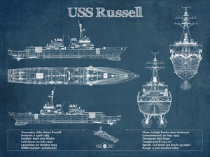 14" x 11" / Unframed Cutler West USS Russell (DDG-59) Arleigh Burke-class Destroyer Blueprint Original Military Wall Art - Customizable
