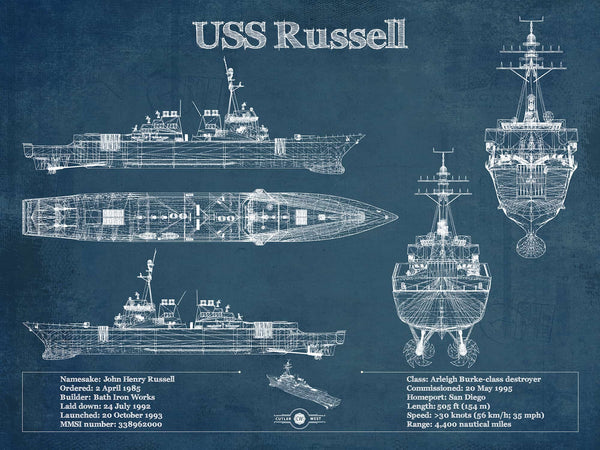 14" x 11" / Unframed Cutler West USS Russell (DDG-59) Arleigh Burke-class Destroyer Blueprint Original Military Wall Art - Customizable