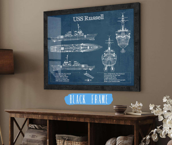20" x 16" / Black Frame Cutler West USS Russell (DDG-59) Arleigh Burke-class Destroyer Blueprint Original Military Wall Art - Customizable