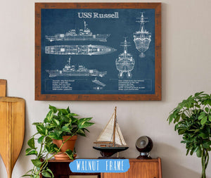 20" x 16" / Walnut Frame Cutler West USS Russell (DDG-59) Arleigh Burke-class Destroyer Blueprint Original Military Wall Art - Customizable