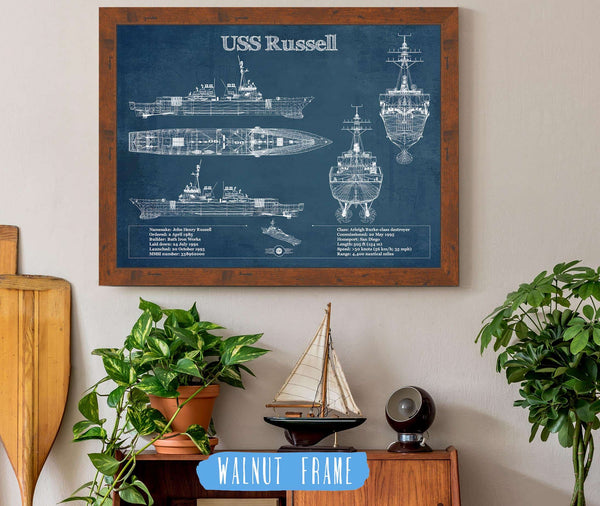 20" x 16" / Walnut Frame Cutler West USS Russell (DDG-59) Arleigh Burke-class Destroyer Blueprint Original Military Wall Art - Customizable